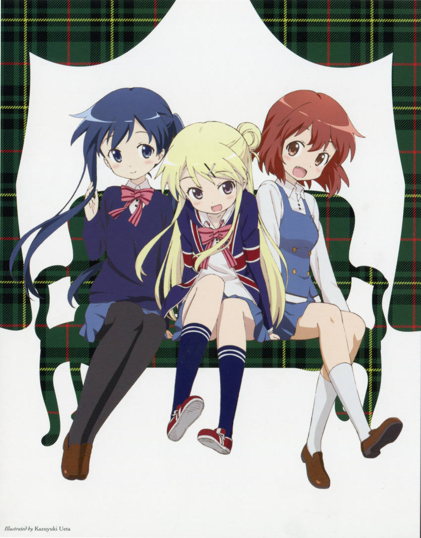 3girls :d absurdres artist_name black_pantyhose blonde_hair blue_eyes blue_hair blue_skirt blue_socks blue_sweater blue_vest bow bowtie brown_hair brown_shoes buttons closed_mouth collared_shirt double-breasted fang hair_bun hair_ornament hairclip highres inokuma_youko kin-iro_mosaic komichi_aya kujou_karen loafers lone_nape_hair long_hair long_sleeves miniskirt moegi_high_school_uniform multiple_girls non-web_source official_art open_mouth pantyhose pink_bow pink_bowtie red_shoes scan school_uniform shirt shoes short_hair single_hair_bun sitting skirt smile socks striped_bow striped_bowtie striped_clothes sweater twintails ueta_kazuyuki vest white_shirt white_socks winter_uniform x_hair_ornament