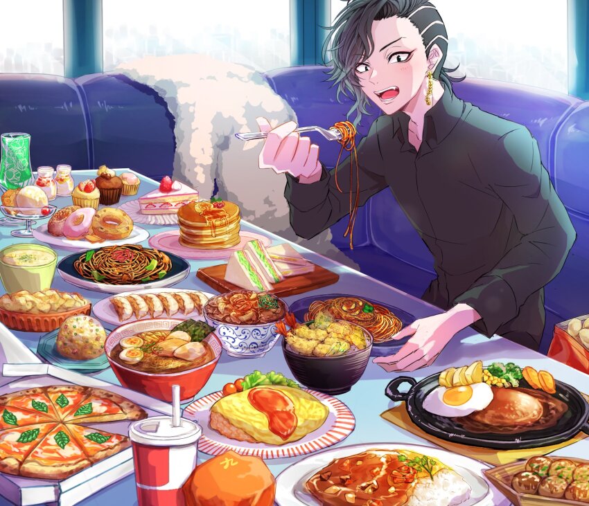 1boy 26caaan asymmetrical_hair black_hair black_shirt collared_shirt cup cupcake disposable_cup donut drinking_straw dumpling earrings eating food food_focus fried_egg gold_earrings highres holding holding_food jewelry jiaozi kokonoi_hajime long_sleeves male_focus noodles omelet open_mouth pancake pancake_stack pizza ramen sandwich shirt short_hair shrimp shrimp_tempura sidecut sitting solo tempura tokyo_revengers undercut upper_body wavy_hair