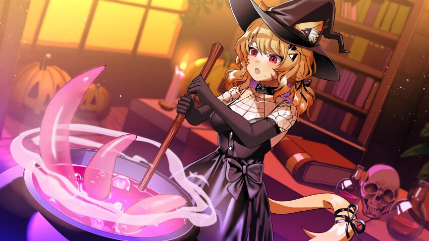 1girl 364ing :o absurdres animal_ear_fluff animal_ears black_choker black_dress black_gloves blonde_hair book bookshelf breasts candle cat_ears cat_girl cat_tail cauldron choker commentary desk detached_sleeves dress dutch_angle ears_through_headwear elbow_gloves english_commentary facial_mark flask gloves halloween hat highres indie_virtual_youtuber indoors jack-o&#039;-lantern long_hair medium_breasts open_mouth red_eyes ribbon second-party_source shyrei_faolan skull solo stirring surprised sweatdrop tail tail_ornament tail_ribbon tentacles virtual_youtuber volumetric_flask whisker_markings witch witch_hat