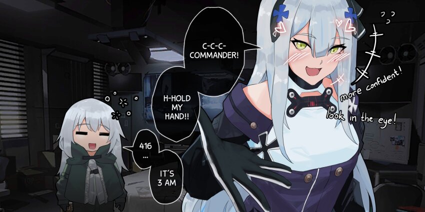 2girls blush closed_eyes commentary english_commentary english_text g11_(girls&#039;_frontline) g11_(mod3)_(girls&#039;_frontline) girls&#039;_frontline gloves green_eyes green_jacket grey_hair highres hk416_(girls&#039;_frontline) hk416_(mod3)_(girls&#039;_frontline) indoors jacket long_hair looking_at_viewer multiple_girls open_mouth variasii