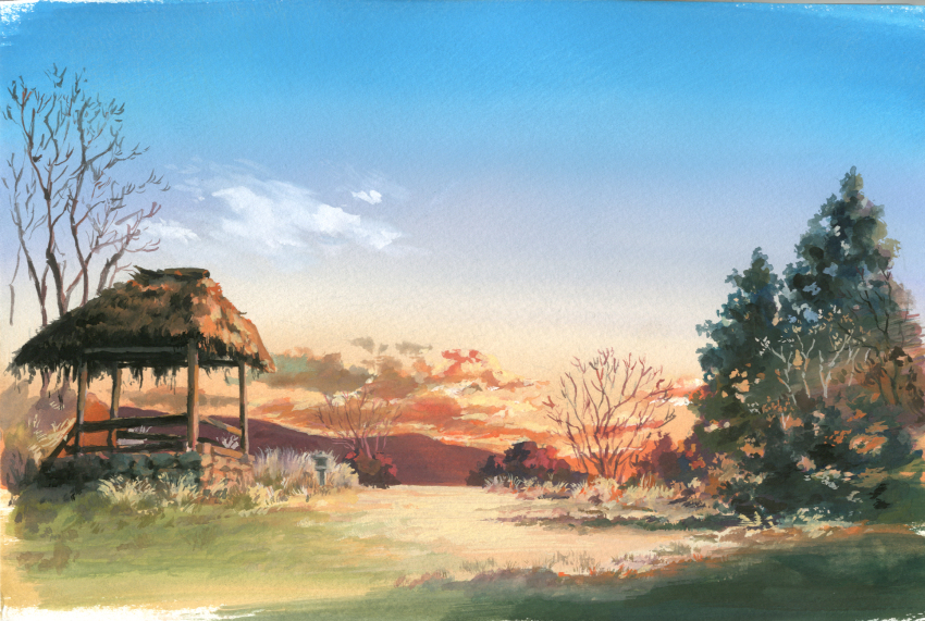 bare_tree blue_sky calligraphy_brush calligraphy_brush_(medium) cloud commentary_request day ei grass highres hirota_(masasiv3) horizon mountain mountainous_horizon no_humans outdoors paintbrush scenery sky studio_ghibli sunset tree well