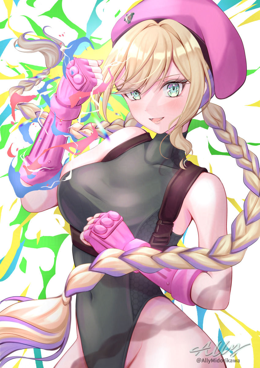 1girl absurdres allymidorikawa bare_shoulders blonde_hair braid breasts cammy_white cammy_white_(cosplay) commentary cosplay covered_collarbone covered_navel fangs fingerless_gloves fingernails gloves green_eyes green_leotard highres kurumi_noah large_breasts leotard long_hair looking_at_viewer multicolored_hair nail_polish open_mouth pink_gloves pink_nails purple_hair signature smile solo street_fighter street_fighter_ii_(series) thighs twin_braids twintails twitter_username two-tone_hair virtual_youtuber vspo! white_background