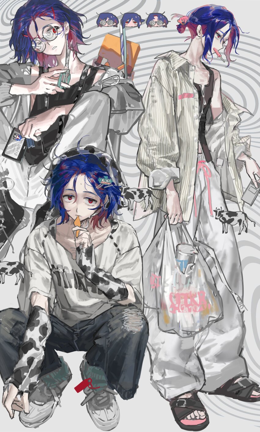 1boy absurdres animal_print bag baggy_pants black_shirt blue_hair chibi chibi_inset coke-bottle_glasses colored_inner_hair conch_(gundam) cow cow_print cutting_hair denim diurtion eating fingerless_gloves food food_in_mouth glasses gloves gundam gundam_gquuuuuux hair_ornament hairclip highres holding holding_bag holding_id_card holding_scissors jeans long_sleeves looking_at_viewer lower_eyelashes_only male_focus mouth_hold multicolored_hair multiple_views non-humanoid_robot pants plastic_bag ponytail popsicle popsicle_in_mouth purple_hair red_eyes robot sandals scissors shirt shoes short_hair short_sleeves shuji_ito sitting sleeveless sneakers solo_focus streetwear tank_top torn_clothes torn_jeans torn_pants two-tone_hair white_shirt