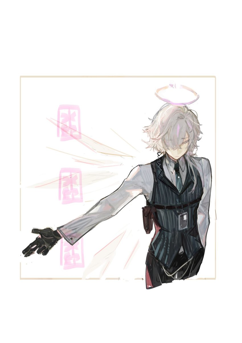 1boy arknights black_gloves black_pants closed_eyes collared_shirt commentary cropped_legs detached_wings energy_wings enforcer_(arknights) english_commentary finger_gun gloves green_necktie green_vest grey_hair hair_over_one_eye halo highres holster id_card long_sleeves male_focus necktie outstretched_arm pants pipidan shirt short_hair shoulder_holster simple_background smile solo upper_body vest white_background white_shirt wings