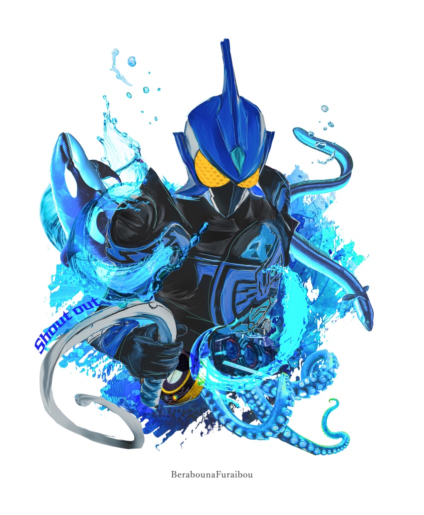 1boy absurdres armor black_bodysuit blue_armor blue_helmet bodysuit helmet highres holding holding_whip kamen_rider kamen_rider_ooo kamen_rider_ooo_(series) male_focus obakelope0530 ooo_driver power_armor shauta_(ooo_combo) simple_background solo tentacles upper_body water white_background