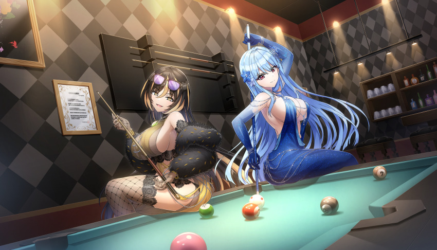2girls 8-ball amadea_wolfa arm_behind_back ball bar_(place) billiard_ball billiards black_hair blonde_hair blonde_streaks blue_dress blue_gloves blue_hair closed_mouth coat cue_stick dolphin_wave dress elbow_gloves eyewear_on_head fishnet_gloves fishnet_thighhighs fishnets fur_coat game_cg gloves highres holding_cue_stick jewelry long_hair multicolored_hair multiple_girls nayuki_hiori non-web_source official_alternate_costume official_art on_table ootomo_takuji open_mouth pool_table red_eyes side_slit sitting sitting_on_table smile streaked_hair table thighhighs yellow_dress yellow_eyes