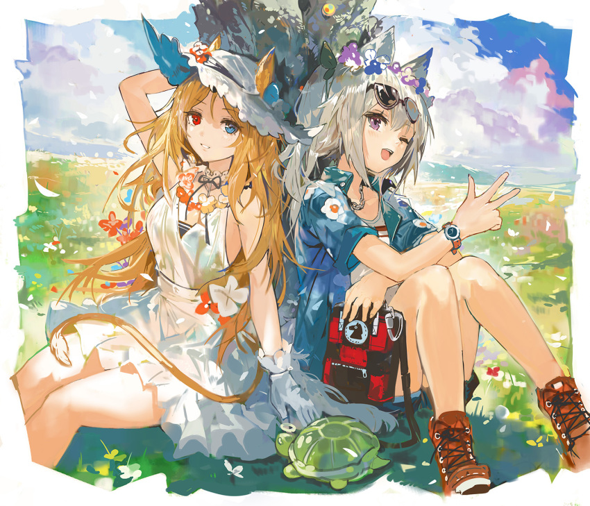 2girls alchemaniac animal_ears archetto_(arknights) arknights bag blonde_hair blue_eyes blue_shirt dress eyewear_on_head gloves grani_(arknights) grey_hair halo hat highres jewelry long_hair looking_at_viewer multicolored_eyes multiple_girls necklace purple_eyes red_eyes shirt sunglasses tail turtle watch white_dress white_gloves