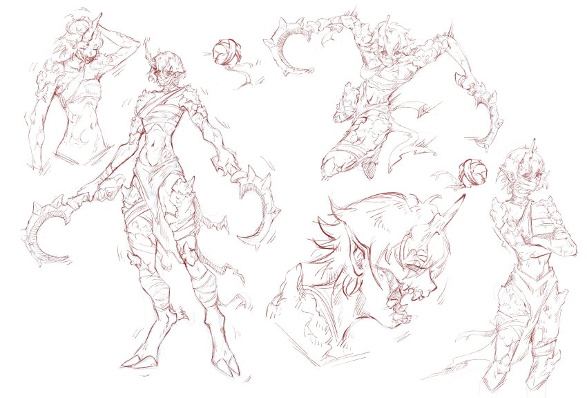absurdres ancient_egyptian before_the_dawn_(series) breasts concept_art covered_mouth cracked_skin floating floating_object highres holding holding_weapon hollow_(character) hooves horns official_art open_mouth original pointy_ears sharp_teeth short_hair sickle single_horn skinny small_breasts teeth theo_kris_(artist) weapon zakod_(race)