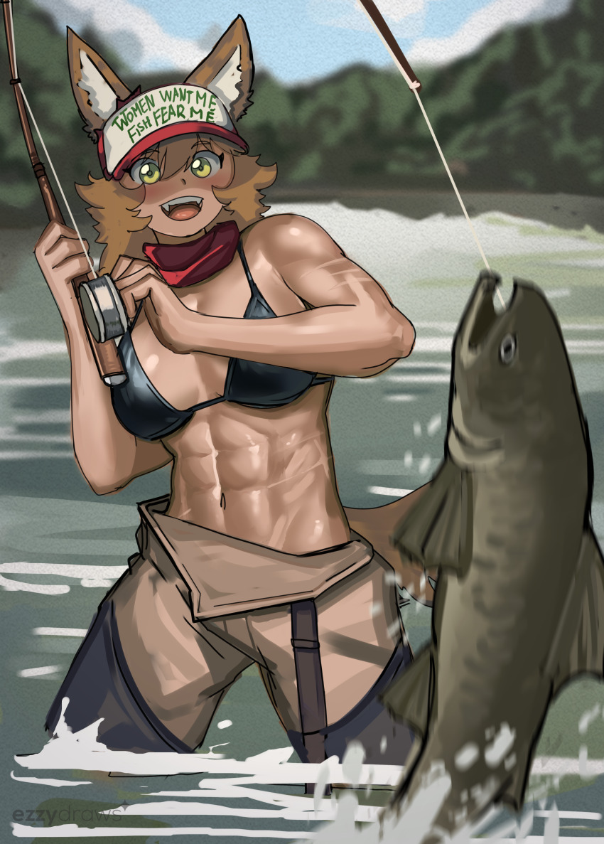 1girl abs absurdres animal_ears bikini brown_hair ezzydraws fangs fish fishing hat highres lake meme multiple_scars muscular muscular_female original salmon_(fish) scar solo swimsuit tail tan toned water women_want_me_fish_fear_me_(meme) yellow_eyes