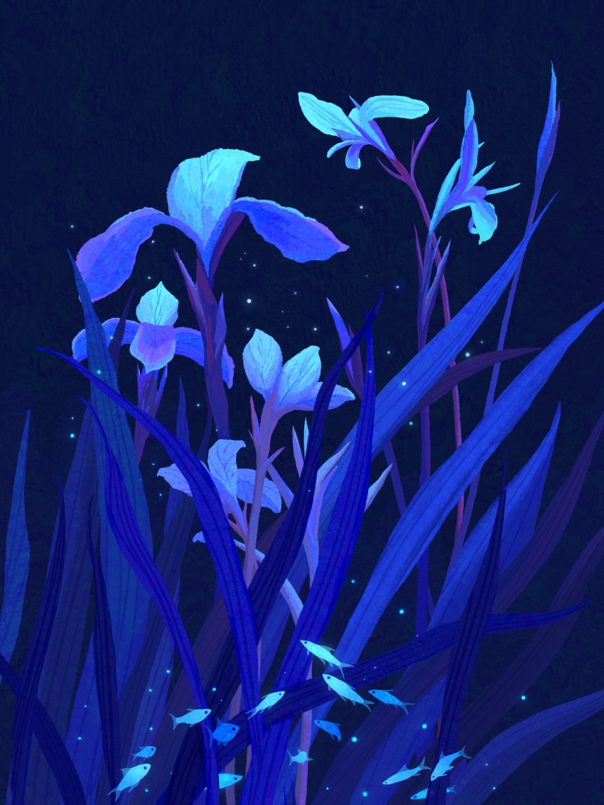 absurdres blue_background blue_flower blue_theme fangpeii fish flower flying_fish highres no_humans original plant plant_focus scenery
