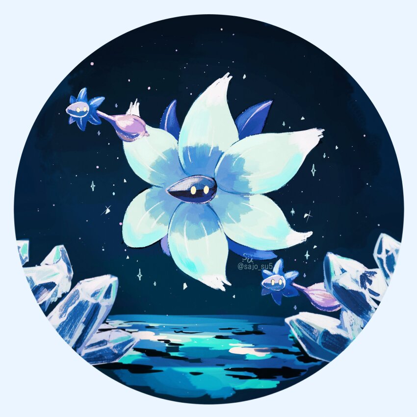animal_focus artist_name border crystal evolutionary_line flower game_freak glimmet glimmora highres horizon night night_sky nintendo no_humans pokemon pokemon_(creature) round_border sky star_(sky) su_(sajo_su5) yellow_eyes