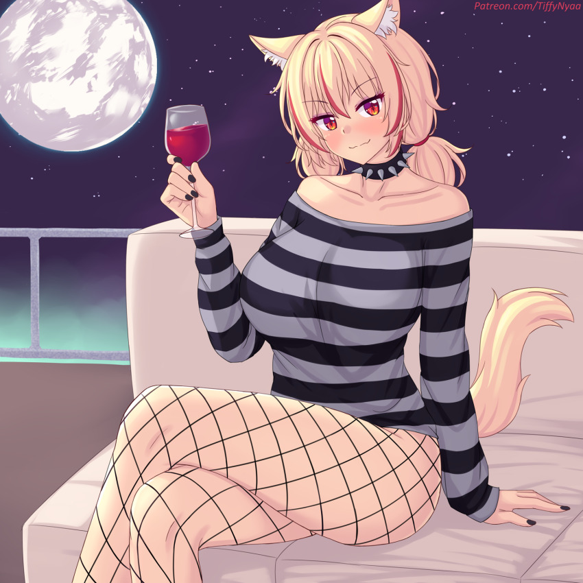 animal_ears bare_shoulders black_nails blonde_hair blush breasts cat_ears cat_girl cat_tail closed_mouth commentary crossed_legs english_commentary feet_out_of_frame fishnet_pantyhose fishnets highres holding large_breasts long_hair long_sleeves looking_at_viewer nail_polish nottytiffy off_shoulder original outdoors pantyhose patreon_username red_eyes shirt sitting slit_pupils striped_clothes striped_shirt tail thighs tiffy_(nottytiffy)