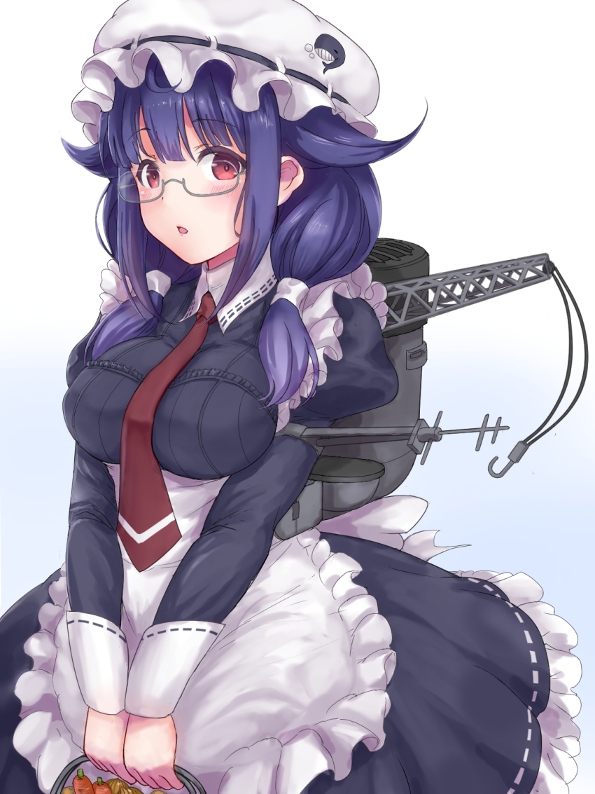 1girl apron bespectacled black_dress blush breasts carrot dress em_s food glasses hair_flaps hat highres holding juliet_sleeves kantai_collection large_breasts long_hair long_sleeves low_twintails machinery mob_cap necktie open_mouth puffy_sleeves purple_hair red_eyes red_necktie semi-rimless_eyewear smokestack solo taigei_(kancolle) twintails vegetable waist_apron white_apron white_hat