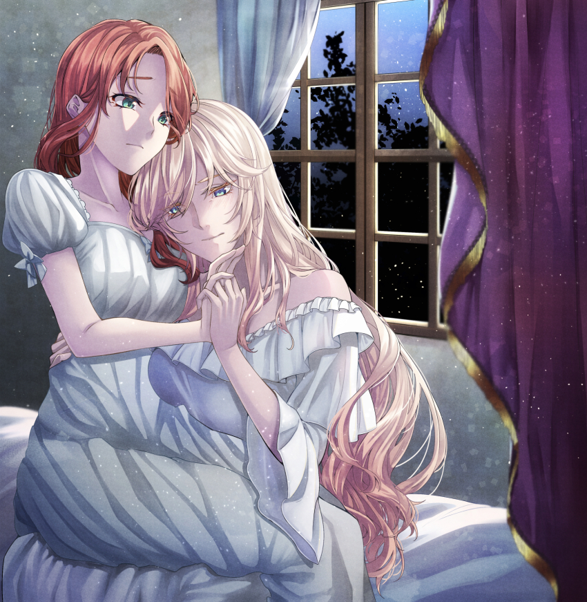 2girls bedroom blonde_hair blue_eyes blush breasts brown_hair couple curtains genkai_ol-san_wa_akuyaku_reijou-sama_ni_tsukaetai green_eyes higashizukihi_sei highres indoors lapis_tenebrae lingerie long_hair long_sleeves multiple_girls natori_midori negligee nightgown on_bed pajamas sleepwear underwear white_nightgown white_pajamas yuri