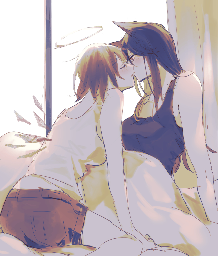 2girls absurdres alternate_costume animal_ears arknights bad_id bad_pixiv_id black_tank_top blush closed_eyes energy_wings exusiai_(arknights) feet_out_of_frame halo highres imminent_kiss long_hair looking_at_another matsuzaka_(matsuzakagyu_29) multiple_girls short_hair tank_top texas_(arknights) white_tank_top yuri