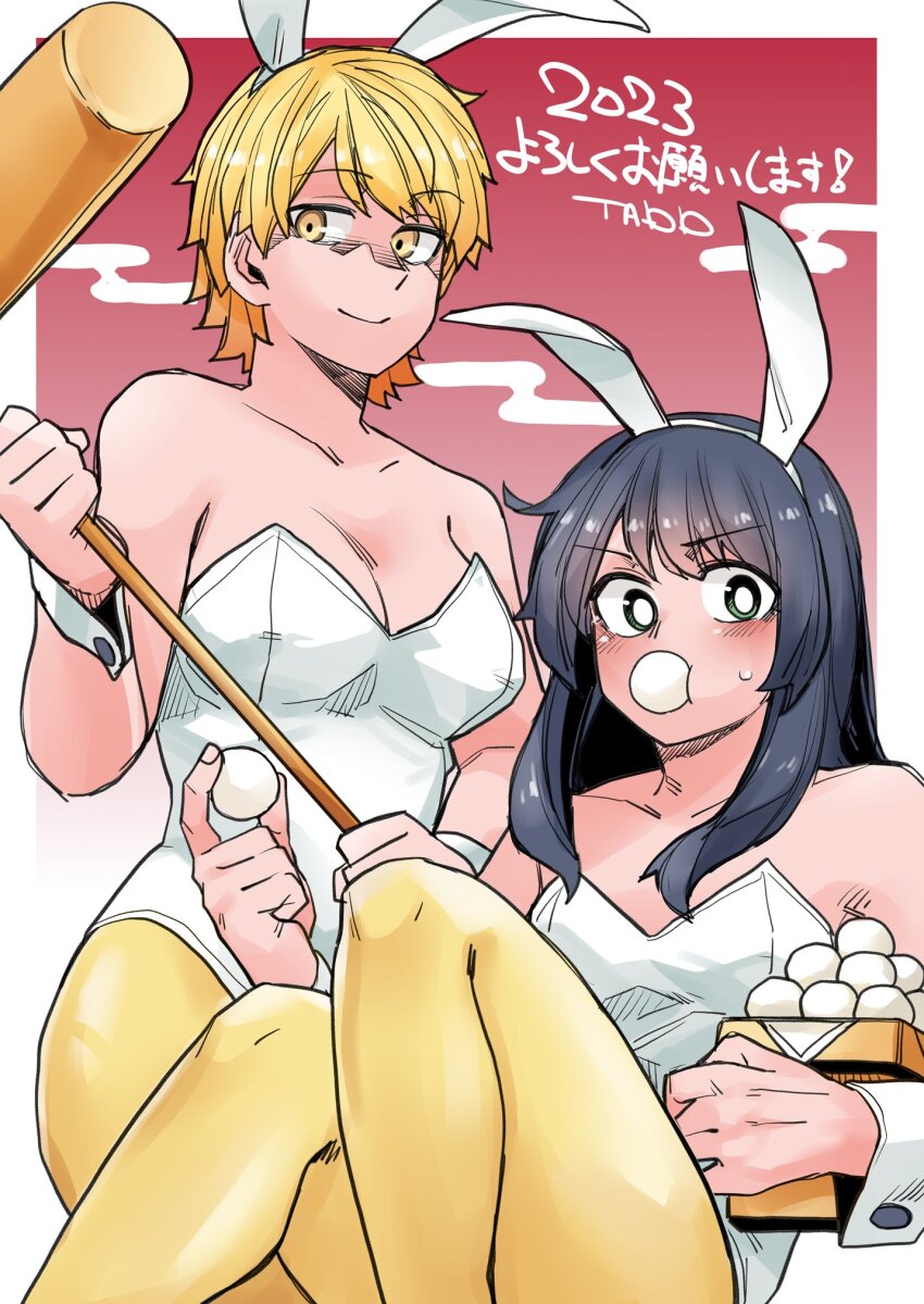 akizakura_iori animal_ears black_hair blonde_hair dango egg fake_animal_ears food green_eyes highres ikemen_joshi_to_josou_danshi leotard long_hair mochi plate playboy_bunny rabbit_ears rindou_hazuki short_hair tadd_(tatd) wagashi wrist_cuffs