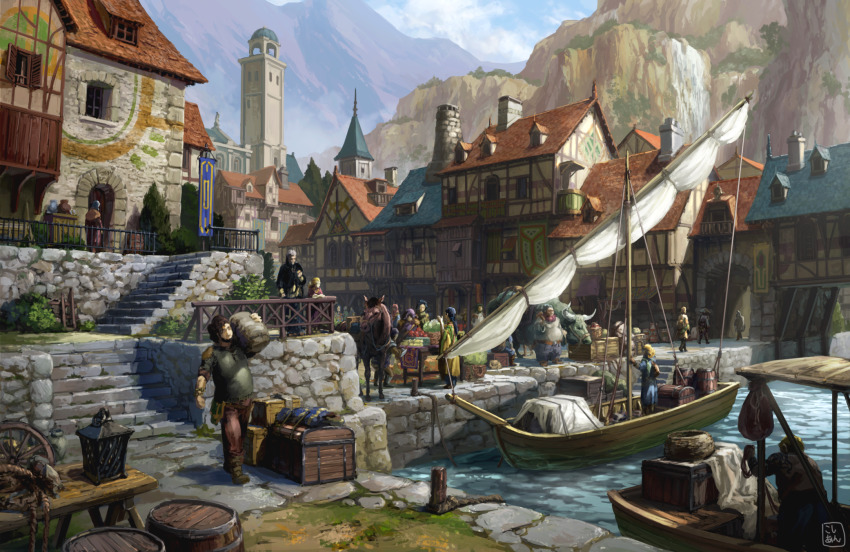6+boys 6+girls ajirogasa architecture barrel basket beard blonde_hair blurry boat brown_hair building bull carrying carrying_over_shoulder city cloud dock facial_hair fantasy fat fat_man food fruit harbor hat highres horse house kosian mountain multiple_boys multiple_girls original outdoors sailboat scenery sky slice_of_life stairs steeple straw_hat walking water watercraft waterfall