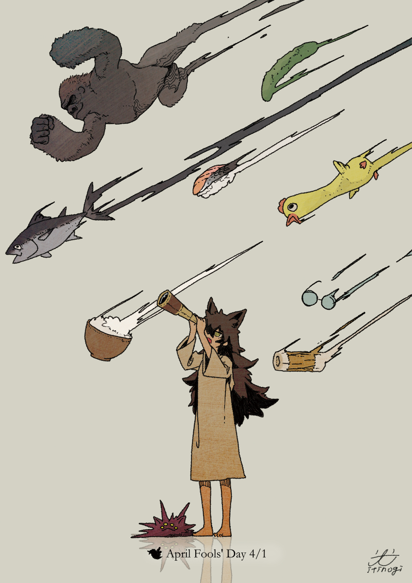 1girl animal_ears ape april_fools barefoot bird bizarre_rain black_hair bowl cat_ears cat_girl cucumber dated dress english_text fish food glasses grey_background grey_dress hands_up highres holding itinogi long_hair long_sleeves motion_lines open_mouth original reflective_floor rice_bowl rubber_chicken shooting_star signature simple_background solo standing stargazing sushi telescope