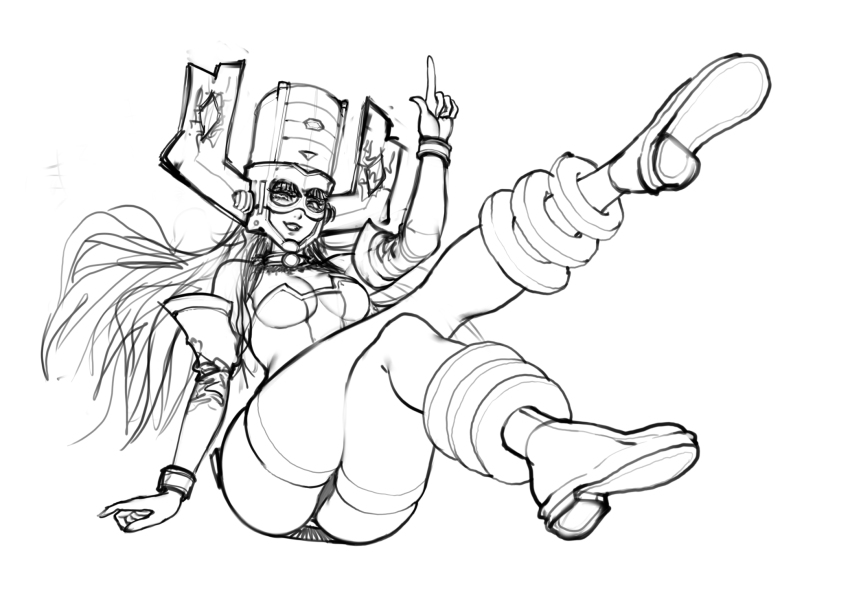 1girl animification ass ass_peek bare_shoulders boots breasts choker cleavage crossed_legs dated earth_(planet) elbow_gloves floating floating_hair galacta giant giantess gloves glowing greyscale hair_over_shoulder headgear headpiece helmet highres index_finger_raised large_breasts leotard long_hair looking_at_viewer marvel miniskirt monochrome panties panty_peek parted_lips planet pointing pointing_up signature sketch skirt smile solo space star_(sky) the_golden_smurf thigh_boots thighhighs underwear