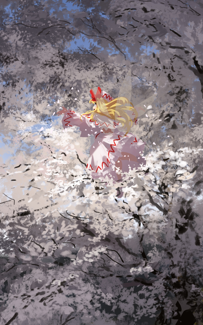 1girl absurdres blonde_hair blue_eyes blue_sky bow capelet commentary day dress fairy fairy_wings falling_petals hat hat_bow highres lily_white long_hair long_sleeves outdoors petals red_bow sky solo touhou tree ushitsuchi white_capelet white_dress white_hat wide_sleeves wings