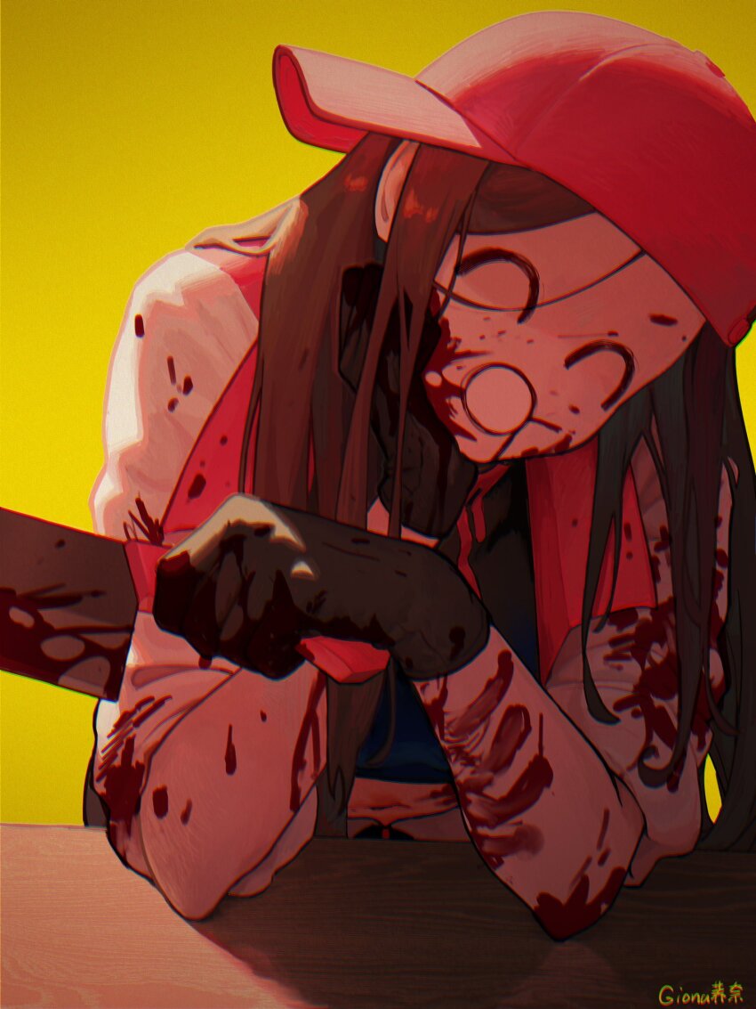 1girl ^_^ ^q^ artist_name backwards_hat baseball_cap black_eyes black_gloves black_hair black_shirt blood blood_on_clothes blood_on_face bloody_weapon butcher_vanity_(synthesizer_v) cleaver closed_eyes crop_top drooling gionaqiaonai gloves hand_on_own_cheek hand_on_own_face hat highres holding holding_cleaver jacket long_hair looking_at_viewer mole mole_above_eye navel navel_peek open_mouth red_hat red_pupils shirt signature simple_background synthesizer_v table vignetting weapon white_jacket yellow_background yi_xi_(synthesizer_v)