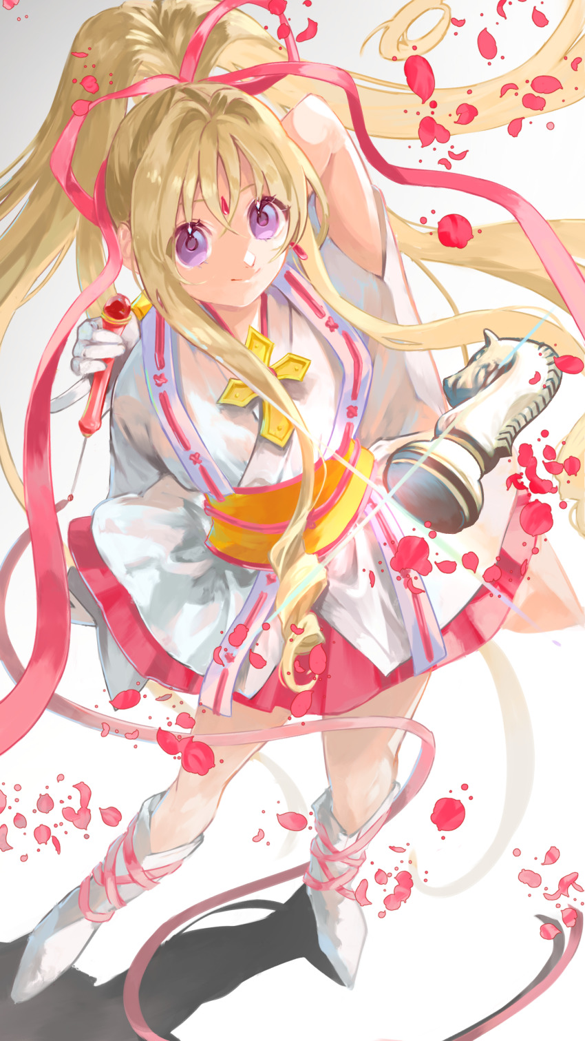1girl 58_(scbaby) absurdres blonde_hair boots chess_piece closed_mouth facial_mark forehead_mark full_body hair_ribbon highres japanese_clothes kamikaze_kaitou_jeanne knight_(chess) kusakabe_maron long_hair looking_at_viewer petals ponytail purple_eyes ribbon solo very_long_hair white_background white_boots