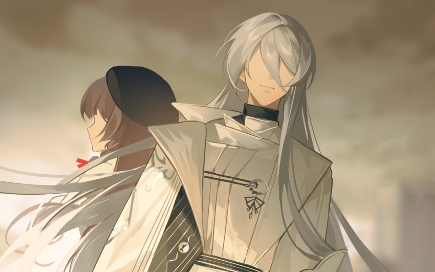 1boy 1girl asymmetrical_sidelocks back-to-back beret black_hat black_shirt blurry blurry_background braid brown_hair cael_anselm cael_anselm_(deimortem_era) cape cardigan chinese_commentary closed_mouth cloud expressionless facing_viewer fengtu_ad hair_between_eyes hat heroine_(lovebrush_chronicles) highres jacket long_bangs long_hair long_sleeves lovebrush_chronicles no_eyes profile shirt side_braid side_cape turtleneck upper_body very_long_hair white_cape white_cardigan white_hair white_jacket