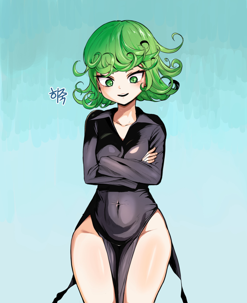 1girl bare_hips bare_legs black_dress blue_background breasts collarbone covered_navel crossed_arms curly_hair dot_nose dress eyebrows eyelashes feet_out_of_frame female_focus fingernails green_eyes green_hair legs_together long_sleeves looking_at_viewer matching_hair/eyes medium_hair one-punch_man open_mouth pelvic_curtain petite simple_background small_breasts smile solo standing tatsumaki teeth upper_teeth_only wide_hips yoma_(mayo)