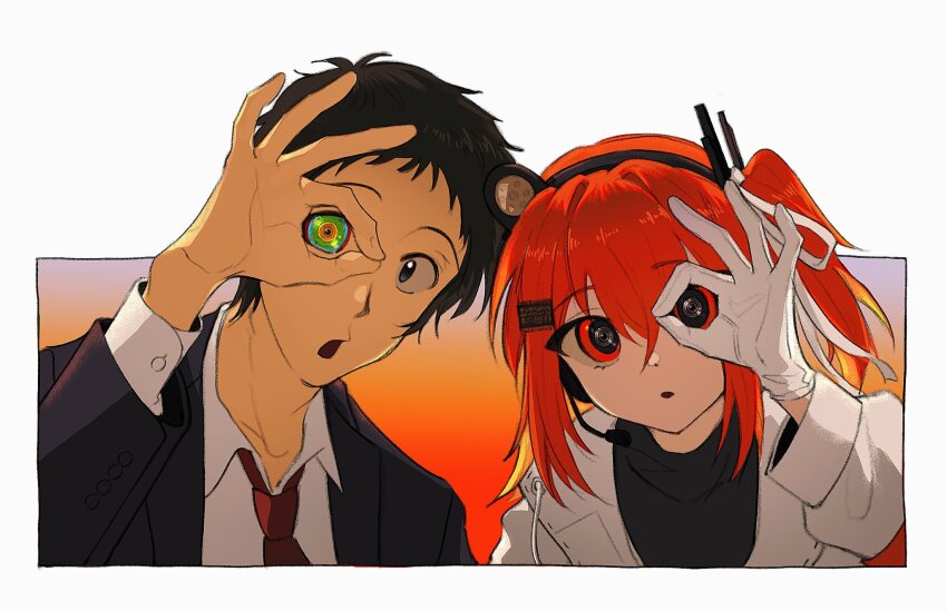 1boy 1girl adachi_rei adachi_tooru business_suit formal_clothes headlamp highres looking_at_viewer millotic multicolored_eyes ok_sign ok_sign_over_eye open_mouth orange_eyes orange_hair persona persona_4 radio_antenna suit utau