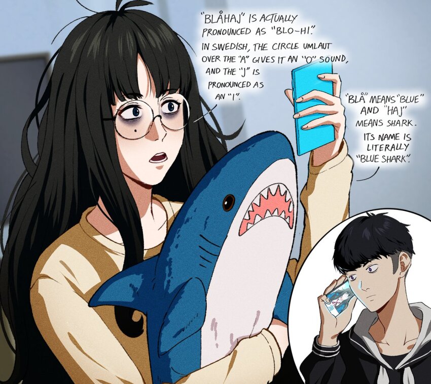 1boy 1girl arashi_(francisco_mon) bags_under_eyes black_hair cellphone english_text francisco_mon glasses holding holding_phone holding_stuffed_toy ikea_shark jimiko long_hair messy_hair mole mole_under_eye open_mouth original phone round_eyewear short_hair smartphone stuffed_animal stuffed_shark stuffed_toy swedish_text talking_on_phone umi_(francisco_mon)