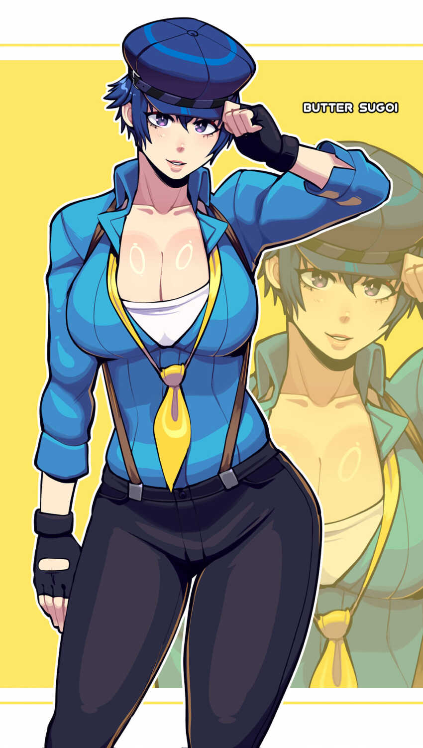 1girl alternate_breast_size artist_name black_gloves black_pants blue_eyes blue_hair blue_hat breasts butter_sugoi cleavage commentary contrapposto fingerless_gloves gloves hat highres large_breasts loose_necktie necktie pants parted_lips persona persona_4 pink_lips purple_eyes shirogane_naoto smile solo yellow_background zoom_layer