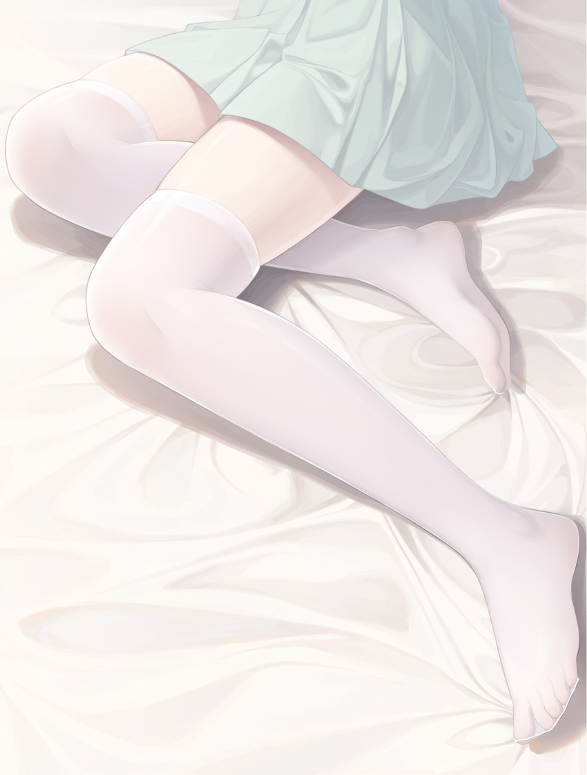 1girl aqua_skirt fengli_(709622571) highres miniskirt no_shoes original see-through_clothes see-through_thighhighs sitting skirt solo thighhighs white_thighhighs