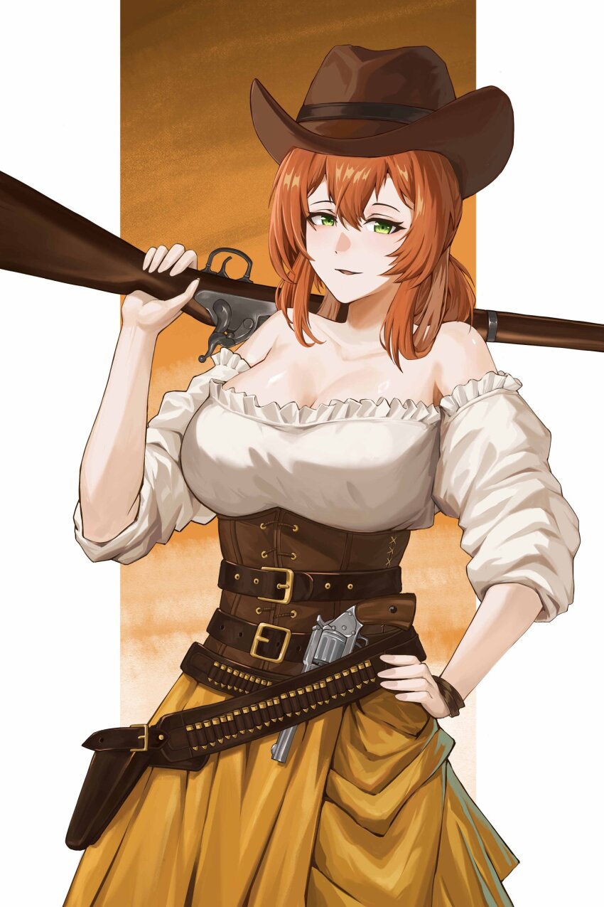 1girl antique_firearm belt breasts brown_hair bullet cowboy_hat firearm firelock girls&#039;_frontline green_eyes gun hand_on_own_hip hat highres holding holding_gun holding_weapon large_breasts llaos long_hair looking_at_viewer rifle smith_&amp;_wesson_schofield solo springfield_(girls&#039;_frontline) standing trapdoor_springfield weapon