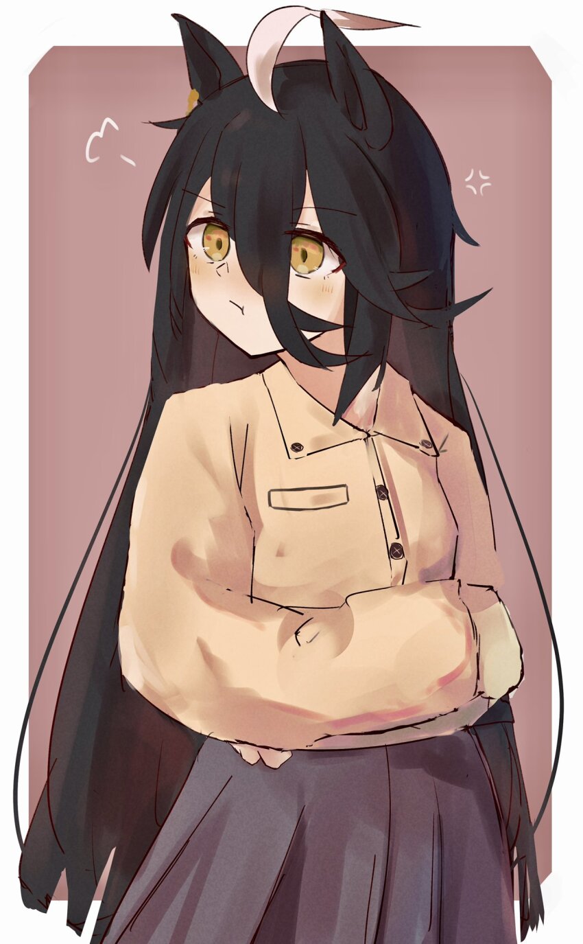 1girl ahoge animal_ears black_hair blush buttons coat crossed_arms ear_tag earrings hair_between_eyes highres horse_ears horse_girl izi_dw jewelry long_bangs long_hair long_sleeves looking_to_the_side manhattan_cafe_(umamusume) multicolored_hair pleated_skirt pout sidelocks single_earring skirt solo summer_uniform umamusume white_hair yellow_coat yellow_eyes