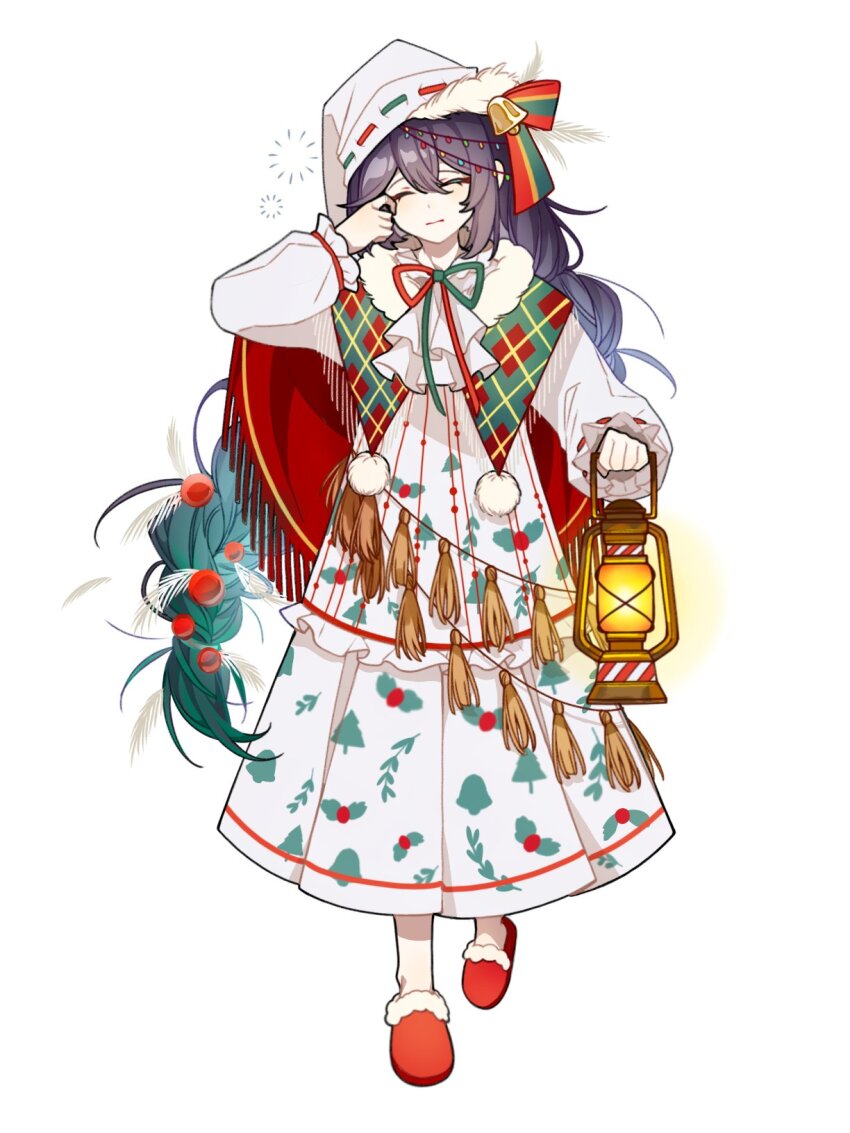 1boy bell bow bowtie braid capelet christmas_lights christmas_nightmare_(e.g.o) closed_eyes closed_mouth commentary dress e.g.o_(project_moon) finame0 fur-trimmed_capelet fur_trim green_shawl hand_on_own_face hat highres holding holding_lantern hong_lu_(project_moon) jingle_bell lantern limbus_company long_hair male_focus nightcap pom_pom_(clothes) project_moon purple_hair red_slippers shawl simple_background single_braid slippers solo standing symbol-only_commentary tassel white_background white_dress white_hat
