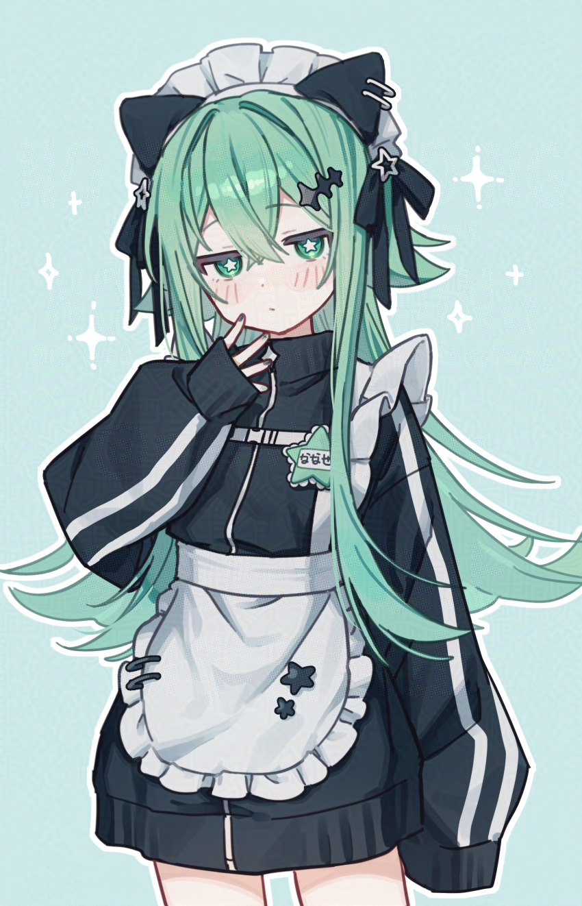 1girl absurdres animal_ears apron black_jacket black_ribbon cat_ears closed_mouth cowboy_shot dot_mouth dot_nose fake_animal_ears flipped_hair frilled_apron frills green_eyes hair_flaps hair_ornament hair_ribbon highres jacket jersey_maid jitome long_hair long_sleeves looking_at_viewer maid maid_headdress name_tag namin_(anjpzaobmhbppxs) nanase_(namin) original outline paperclip ribbon sidelocks simple_background sleeves_past_wrists solo sparkle sparkle_hair_ornament star-shaped_pupils star_(symbol) star_hair_ornament symbol-shaped_pupils track_jacket unconventional_maid very_long_hair white_apron white_outline