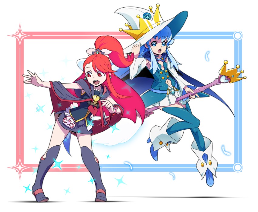 2girls armpits bare_shoulders blue_hair blue_thighhighs boots brooch crown cure_princess detached_sleeves full_body gold_crown han_megumi happinesscharge_precure! hat heart jewelry kagari_atsuko little_witch_academia long_hair miniskirt multiple_girls navel open_mouth pleated_skirt ponytail precure red_hair shirayuki_hime simple_background skirt sparkle thighhighs uganda_(ugandam_00) voice_actor_connection white_background white_hat witch_hat