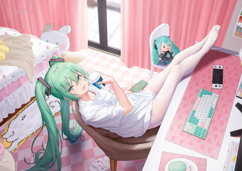 1girl :d bed bedroom bigxixi cellphone chair character_doll commentary computer_keyboard cup curtains doll feet_on_desk full_body green_eyes green_hair green_nails hatsune_miku highres holding holding_cup holding_phone indoors long_hair looking_at_viewer no_shoes on_chair open_mouth pantyhose phone shirt smartphone smile solo twintails very_long_hair vocaloid white_pantyhose white_shirt