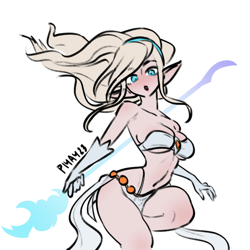1girl artist_name blonde_hair blue_eyes breasts cleavage collarbone dress elbow_gloves floating_hair gloves hairband highres janna_(league_of_legends) large_breasts league_of_legends long_hair long_sidelocks looking_at_viewer navel piyay23 pointy_ears shirt sidelocks solo staff stomach white_background white_dress white_shirt