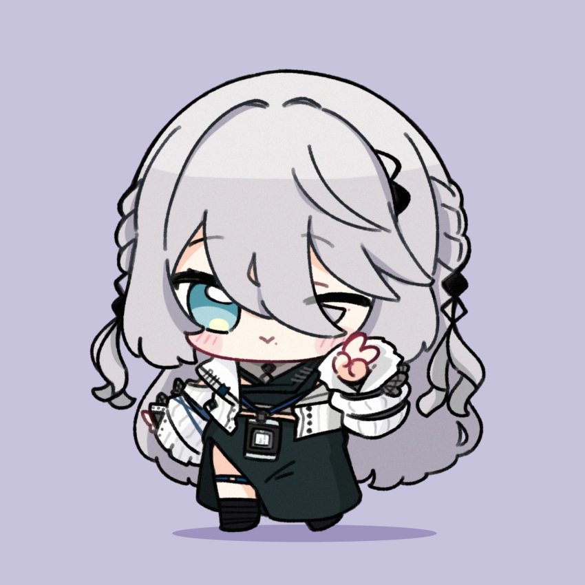 1girl ;&gt; black_footwear black_shirt black_skirt blue_eyes blush_stickers braid chibi closed_mouth commentary cropped_jacket full_body grey_background grey_hair hair_between_eyes highres jacket long_hair long_sleeves mole mole_under_mouth nijisanji nozo_(hitomiz) open_clothes open_jacket shadow shirt simple_background skirt solo sophia_valentine sophia_valentine_(1st_costume) standing v very_long_hair virtual_youtuber white_jacket