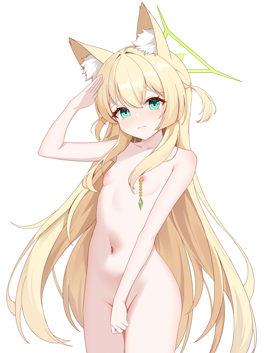 1girl 3: absurdres animal_ear_fluff animal_ears beiyong_fadian_ji blonde_hair blue_archive blush breasts chinese_commentary clenched_hand closed_mouth collarbone commentary_request completely_nude covering_privates cowboy_shot dot_nose fox_ears fox_girl frown furrowed_brow green_eyes green_halo groin hair_between_eyes hair_over_shoulder halo hand_up highres kurumi_(blue_archive) loli long_hair looking_at_viewer navel nipple_piercing nipples nude piercing salute sidelocks simple_background small_breasts solo split_mouth standing stomach straight_hair thighs triangle_halo variant_set very_long_hair white_background