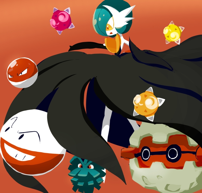 1girl @_@ alternate_color black_dress black_eyes black_gloves blue_hair bob_cut colored_skin dress elbow_gloves electrode_(pokemon) female_focus flat_chest forretress gardevoir gen_1_pokemon gen_2_pokemon gen_3_pokemon gen_7_pokemon gloves grin hair_over_one_eye happy highres long_dress mega_gardevoir mega_pokemon minior minior_(core) minior_(orange_core) minior_(red_core) minior_(yellow_core) monya nintendo one_eye_covered open_mouth orange_background orange_eyes pineco pokemon pokemon_(creature) red_eyes shiny_pokemon short_hair simple_background smile standing strapless strapless_dress teeth voltorb white_skin