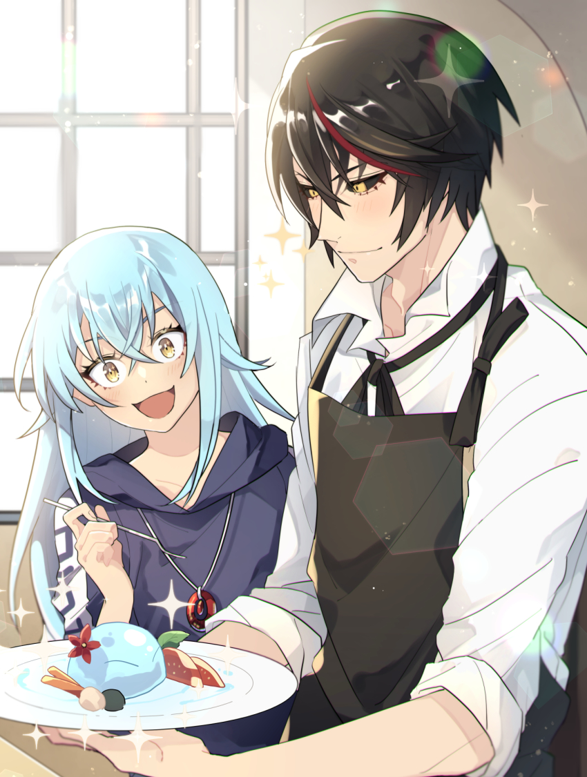 1boy 1other :d androgynous apron black_apron black_hair black_ribbon black_sclera blue_hair blue_sweater blush closed_mouth collarbone colored_sclera diablo_(tensura) head_tilt highres holding hood hood_down hooded_sweater long_hair multicolored_hair neck_ribbon open_mouth ou_negi ribbon rimuru_tempest shirt short_hair sleeves_rolled_up smile streaked_hair sweater tensei_shitara_slime_datta_ken upper_body white_shirt yellow_eyes