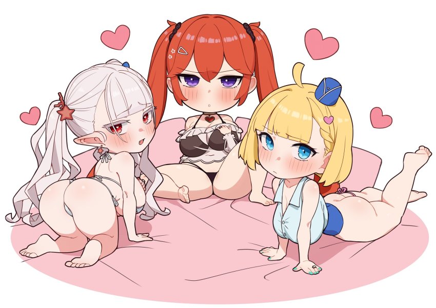 3girls all_fours ass barefoot bikini blonde_hair blush breasts chibi cleavage closed_mouth commentary_request draculina_(last_origin) fang frills garrison_cap grey_hair griffon_(last_origin) hair_ornament hairclip hat heart heart_hair_ornament highres large_breasts last_origin long_hair looking_at_viewer lying may_of_doom miman_(hasutaro_stream) multiple_girls on_back parted_lips pointy_ears purple_eyes red_eyes red_hair shirt short_hair simple_background sleeveless sleeveless_shirt star_(symbol) star_hair_ornament swimsuit take_your_pick thick_thighs thighs twintails very_long_hair white_background