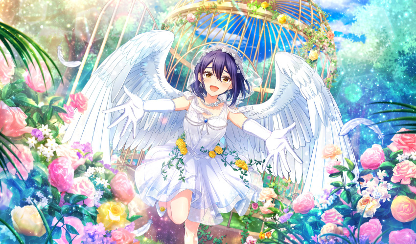 1girl :d blue_hair blurry bridal_veil cinderella_series cloud dark_blue_hair depth_of_field dress dutch_angle elbow_gloves falling_feathers feathers film_grain flower foot_out_of_frame game_cg gazebo gloves hachigatsu_no_cinderella_nine hair_between_eyes highres incoming_hug leg_up lens_flare light_particles looking_at_viewer no_eyewear non-web_source official_art open_mouth outdoors pink_flower reaching reaching_towards_viewer running sakagami_mei short_hair sky smile solo tree veil wedding_dress white_dress white_feathers white_footwear white_gloves white_wings wings yellow_eyes yellow_flower