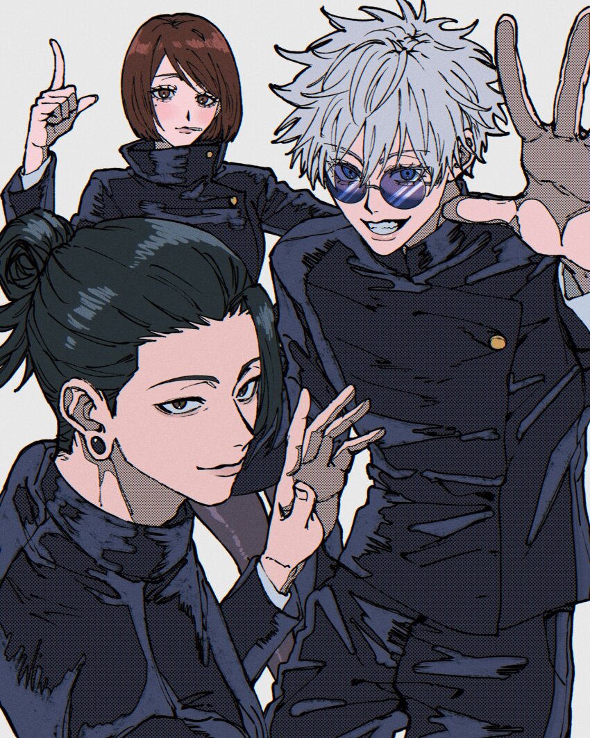 1girl 2boys black_hair black_pantyhose blue_eyes bob_cut brown_eyes commentary_request getou_suguru gojou_satoru hair_between_eyes hair_bun highres ieiri_shoko jujutsu_kaisen jujutsu_tech_uniform looking_at_viewer misejyuk multiple_boys pantyhose round_eyewear short_hair simple_background single_sidelock smile sunglasses swept_bangs waving white_background