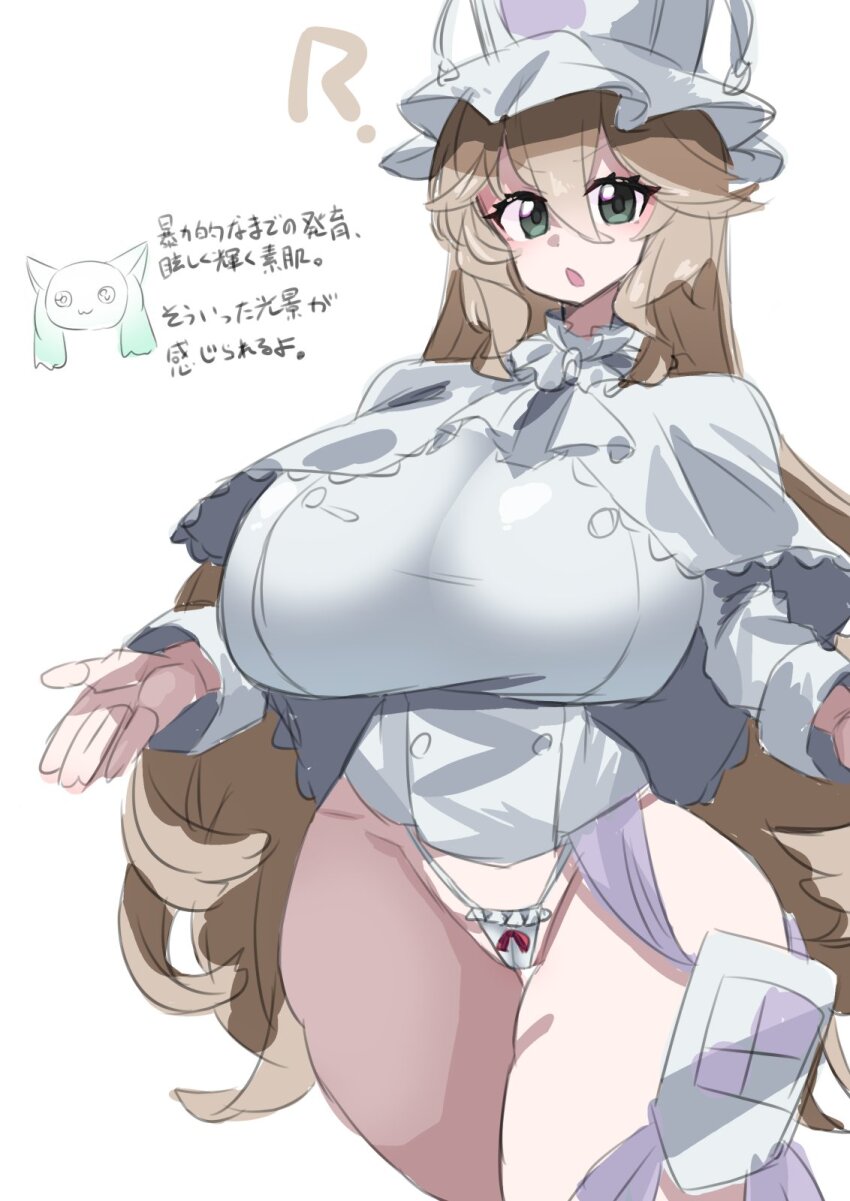 1girl ? akan_mori breasts cameltoe curvy eyelashes female_focus hair_between_eyes highres huge_breasts japanese_text kyubey looking_at_viewer mahou_shoujo_madoka_magica mikuni_oriko panties solo standing thick_thighs thighs translation_request underwear white_background white_panties wide_hips