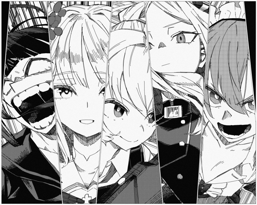 5girls absurdres black_coat blast-7 blue_archive coat demon_girl demon_horns halo highres hina_(blue_archive) holding holding_shield horns hoshino_(armed)_(blue_archive) hoshino_(blue_archive) long_hair looking_at_viewer medium_hair mika_(blue_archive) monochrome multiple_girls neru_(blue_archive) open_mouth shield tsurugi_(blue_archive)