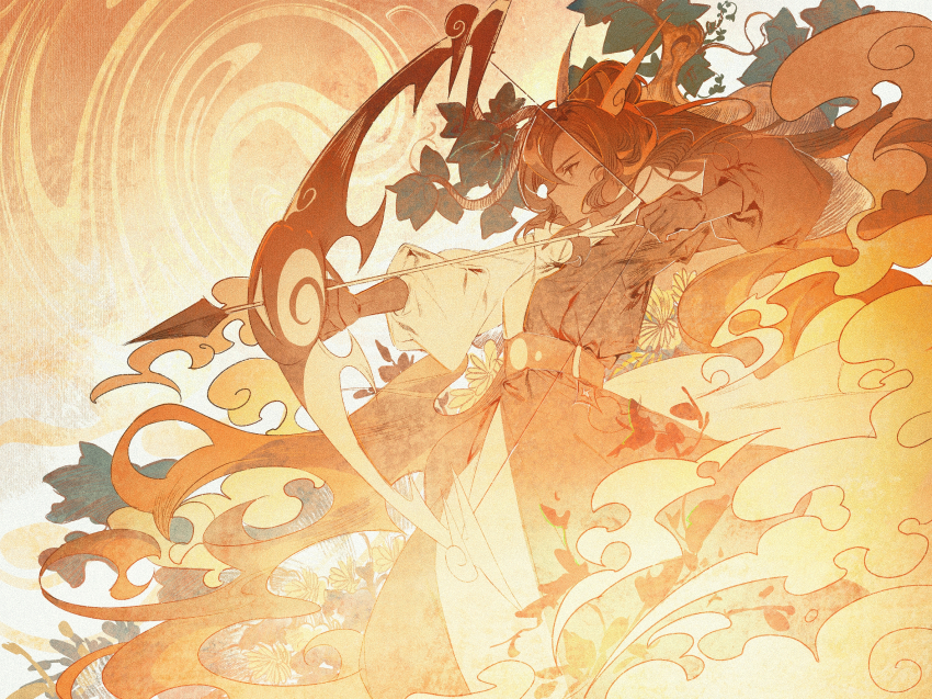 1girl arrow_(projectile) belt bow_(weapon) caramel_arrow_cookie cookie_run cookie_run:_kingdom dark-skinned_female dark_skin dress feet_out_of_frame firing foliage from_side gradient_background hadanugi_dousa hands_up highres humanization japanese_clothes kimono limited_palette long_dress long_hair long_sleeves looking_ahead non-deformed open_clothes open_kimono orange_background ponytail profile puffy_long_sleeves puffy_sleeves reverse_trap serious shu_(pjxv7485) smoke solo very_long_hair weapon wind
