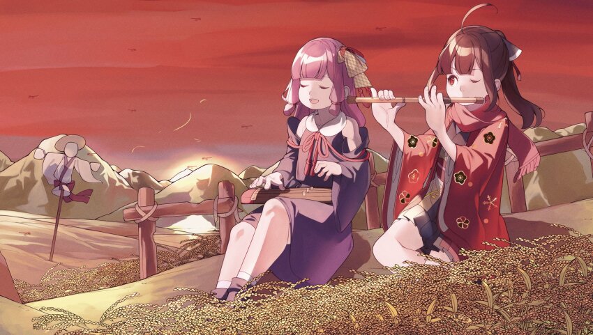 2girls ahoge alternate_hairstyle black_dress blunt_bangs brown_hair commentary_request detached_sleeves dizi dress fence flute hair_ribbon hanten_(clothes) headgear highres hill instrument japanese_clothes kimono koto_(instrument) kotonoha_akane long_hair mountain multiple_girls music neck_ribbon obi open_mouth pink_hair playing_instrument ponytail ribbon rice_paddy sash scarf sidelocks sitting sunset touhoku_kiritan transverse_flute voiceroid white_kimono yuui_(sugi40773767)